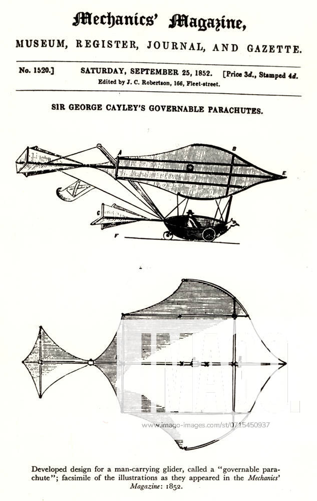 George Cayley?s governable parachute George Cayley?s governable parachute. Developed from a design for a man-carrying glider, called a ?governable parachute?. Facsimile of the illustrations as they appeared in Mechanics? magazine. 25 September 1852.
