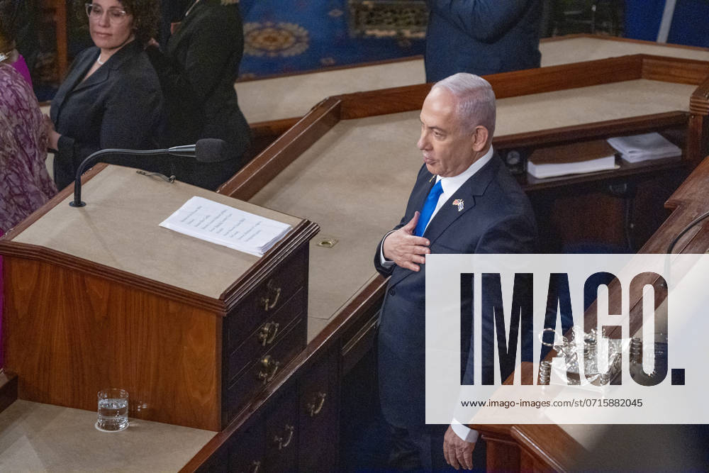 Israeli Prime Minister Benjamin Netanyahu addresses a joint meeting of Congress on Capitol Hill in Washington, DC on Wednesday, July 24, 2024. Netanyahu is seeking bipartisan support for Israel just days after President Joe Biden announced he would end his re-election bid. WAS20240724531 KenxCedeno