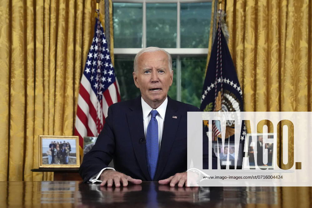 President Joe Biden addresses the nation from the Oval Office of the White House in Washington, Wednesday, July 24, 2024, about his decision to drop his Democratic presidential reelection bid. Pool WAS20240724800 EvanxVucci