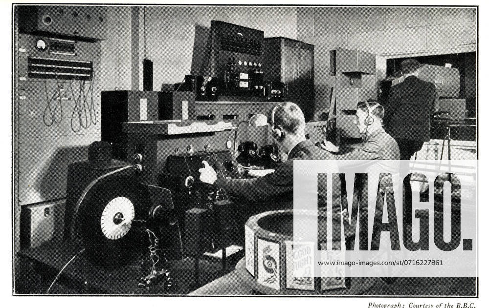 BBC Late Low Definition Television Control Room BBC Late Low Definition Television Control Room. On the right is the mirror-drum projection scanner, on the left are the two checking receivers. The engineers in position (R to L) are projectionist, vision-control, sound and caption control. The BBC tuning in design can be seen in the transmitter (caption) drum in the foreground. Date: 1937