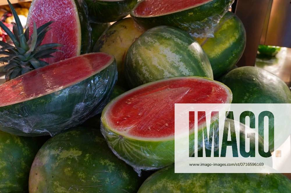 Red shiny and ripe water melon slices on sale at market, Red shiny and ripe water melon slices on sale at market, Red shiny and ripe water melon slices on sale at market, 19.08.2023,