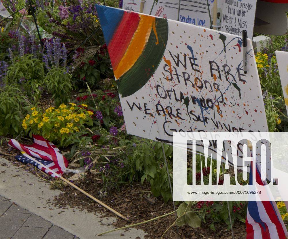 A sign at the memorial in remembrance of the victims of the Pulse nightclub massacre in Orlando, Florida, June 16, 2016. A lone gunman Omar Mateen shot and killed 49 patrons and wounded another 53 at the Pulse gay nightclub in Orlando. MIA20160616115 GARYxIxROTHSTEIN