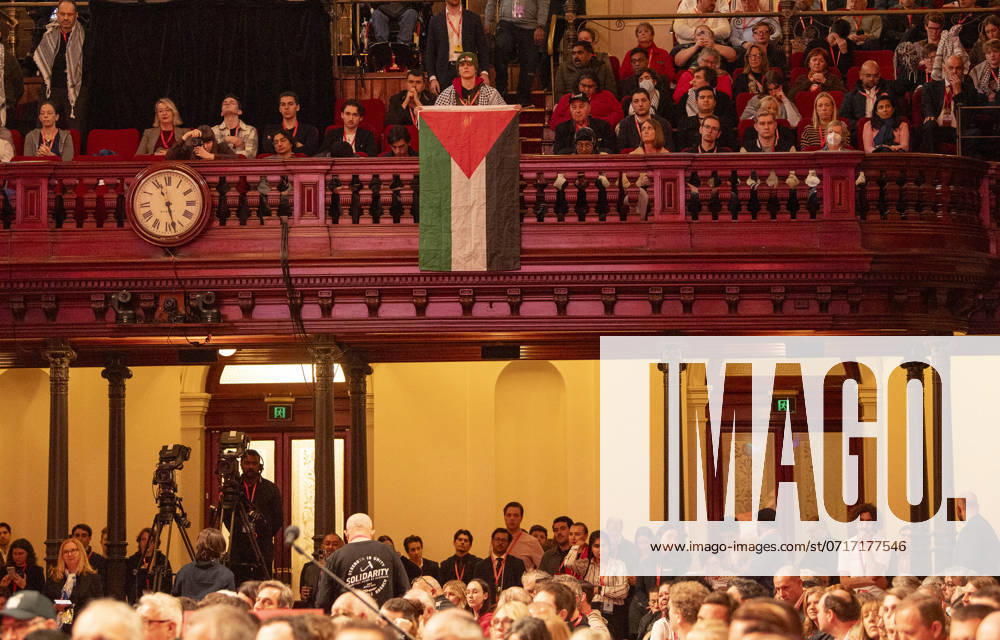 PRO-PALESTINE RALLY SYDNEY, The Palestinian flag is shown by a member during Australian Prime Minister Anthony Albanese address to the NSW Labor conference in Sydney, Saturday, July 27, 2024. ( NO ARCHIVING, , NO USE IN BOOKS WITHOUT CONSENT SYDNEY NSW AUSTRALIA
