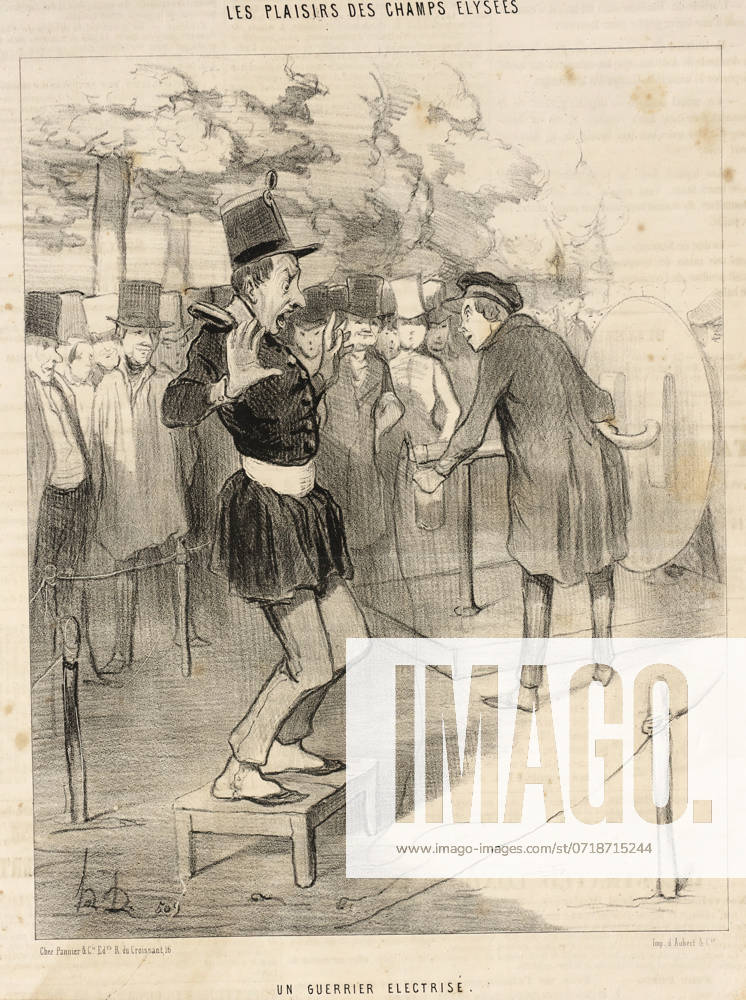 Un Guerrier ?lectris?, 1844. An Electrified Warrior. Le Physicien: Tel est, messieurs, l ?ffet veritablement extraordinaire de la pile de Volta! . Le Pioupiou: Ah, nom d Abd-el Kader! plus souvent que je m exposerai une autrefois a recevoir une pareille pile! . An enthusiastic physicist gives a public demonstration of Volta s discoveries while a uniformed soldier expresses alarm. The Physicist: This, gentlemen, is the truly extraordinary effect of the Volta battery! . Le Pioupiou: Ah, by Abd-el Kader! do I have to expose myself again to such a battery! . From Les Plaisirs des Champs-Elys?es.