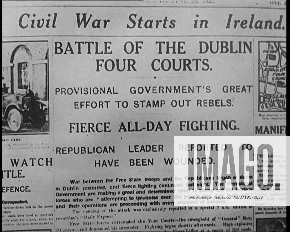 Newspaper Headline Civil War Starts in Ireland , 1922. From Time to Remember - Sitting Still And Going Slowly, 1922 (Reel 4); a review of events in 1922 including Irish Troubles, war between Greece and Turkey and developments in aviation and radio.