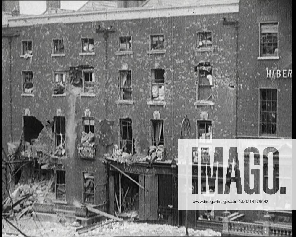 Damaged Buildings and Empty Streets in Dublin as a Result of Fighting, 1922. From Time to Remember - Sitting Still And Going Slowly, 1922 (Reel 4); a review of events in 1922 including Irish Troubles, war between Greece and Turkey and developments in aviation and radio.