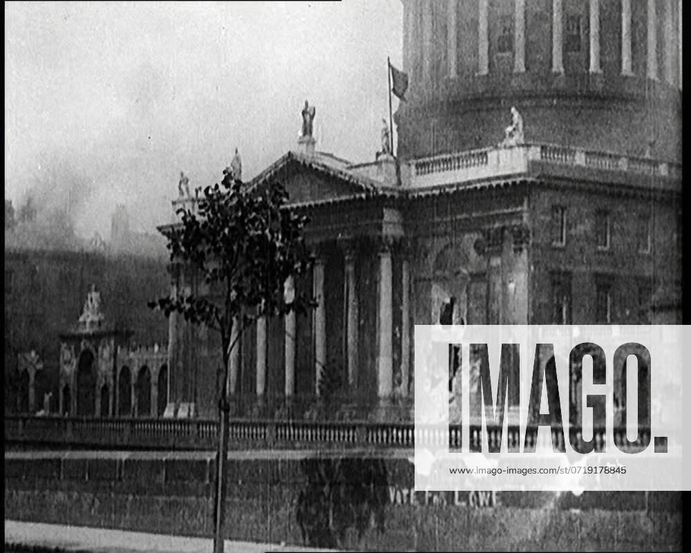 Artillery Damage to the Four Courts in Dublin, 1922. From Time to Remember - Sitting Still And Going Slowly, 1922 (Reel 4); a review of events in 1922 including Irish Troubles, war between Greece and Turkey and developments in aviation and radio.