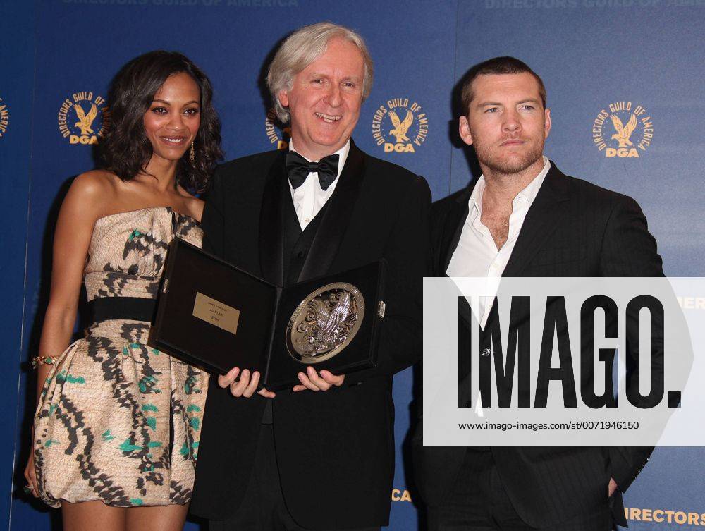 Jan 30, 2010 - Los Angeles, California, USA - ZOE SALDANA and JAMES CAMERON and SAM WORTHINGTON in the press room at the 62nd Annual Directors Guild Awards at the Hyatt Regency Century Plaza in Los Angeles. - ZUMAo05_
