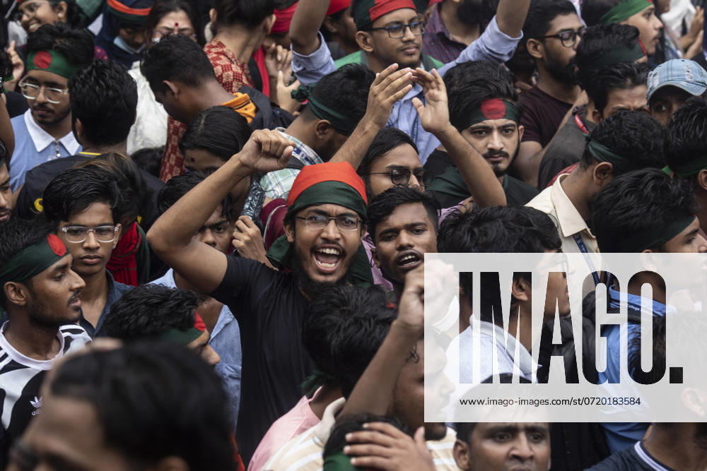Protesters chant slogans during a demonstration. Bangladeshi students, teachers, human rights activists, and cultural activists took part in a protest against Prime Minister Sheikh Hasina and her government to resign and at the same time, they also demanded the formation of a new national government Dhaka Bangladesh - ZUMAs197 20240803_aaa_s197_134