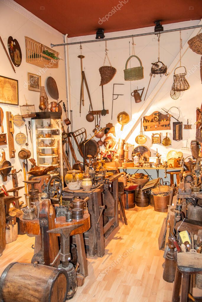 Paris, France. August 2022. One of the many antique shops at the Saint Quen flea market in Paris. High quality photo