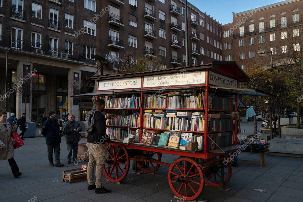 Budapest, Hungary - November 25th, 2022: A mobile second hand bookstore in a city square in Budapest, Hungary.