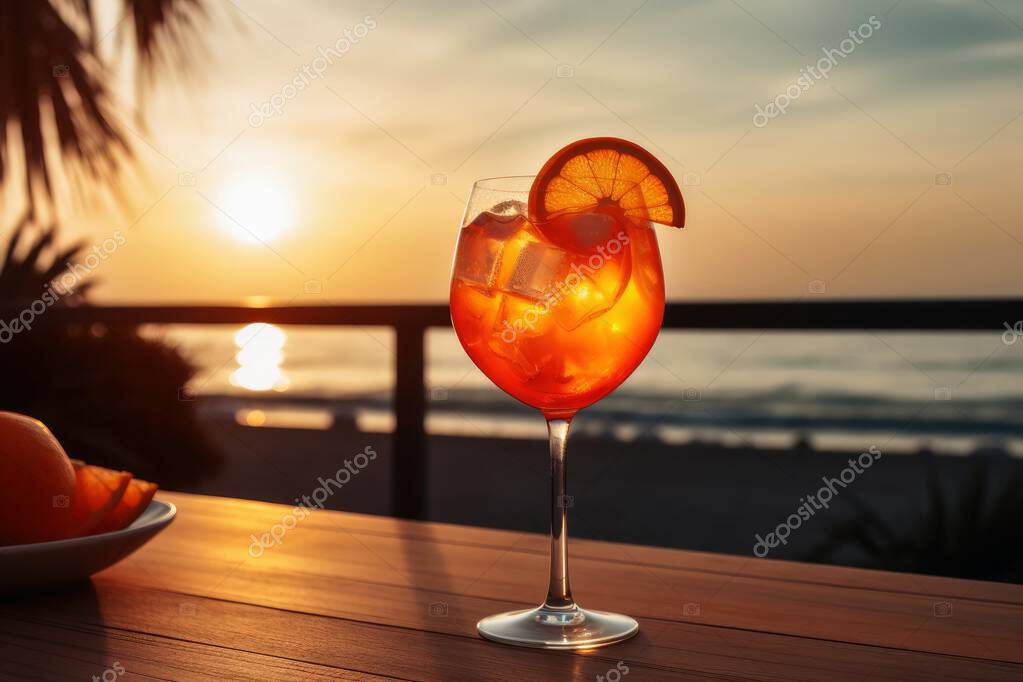 A fresh orange aperol spritz drink in a sunset close to the ocean