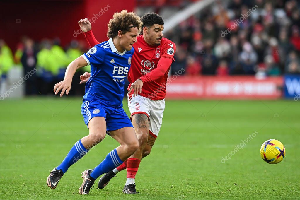 Morgan Gibbs-White #10 of Nottingham Forest and Wout Faes #3 of Leicester City battle for the ball during the Premier League match Nottingham Forest vs Leicester City at City Ground, Nottingham, United Kingdom, 14th January 202