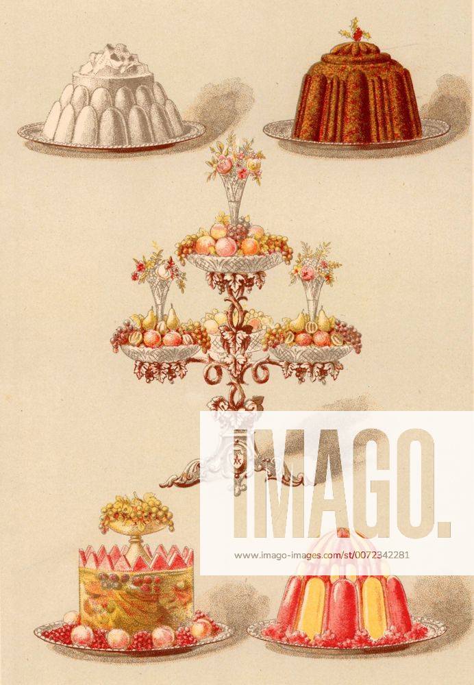 Moulded puddings for a dinner party. Blancmange, Christmas pudding, Fruit jelly with fruit set in it, Jelly in two colours. The centrepiece is an epergne holding mixed fresh fruit and decorated with flowers. Chromolithograph from Cassell s Book of the Household (London, c1895). WHA !ACHTUNG AUFNAHMEDATUM GESCHÄTZT!