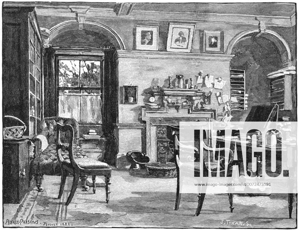 Charles Darwin s (1809-1882) study at Down House, Beckenham, Kent. English naturalist. Evolution by Natural Selection. Engraving, 1882. WHA !ACHTUNG AUFNAHMEDATUM GESCHÄTZT!