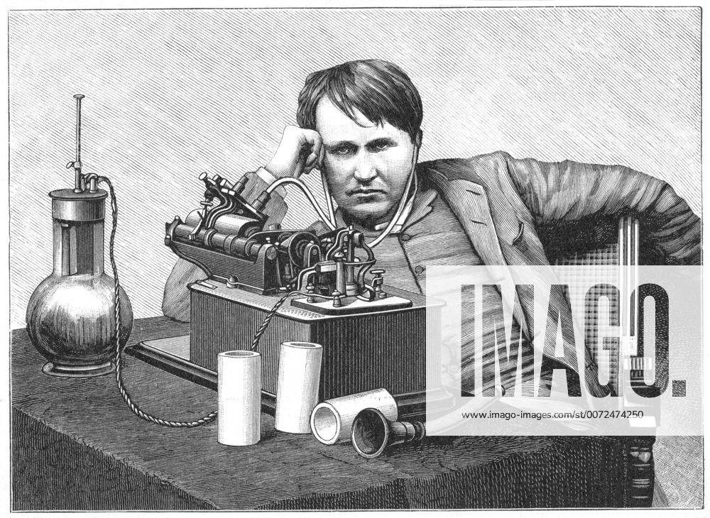 Thomas Alva Edison (1847-1931) American inventor, listening to a recording on his phonograph. This is an electric model powered by a bichromate cell (left), a form of wet battery. Engraving c1895. WHA !ACHTUNG AUFNAHMEDATUM GESCHÄTZT!