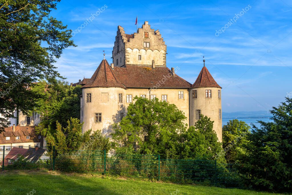 Meersburg Castle at Lake Constance or Bodensee, Germany, Europe. Medieval castle is landmark of town. Scenic view of old German castle in summer. Scenery of tourist attraction in Baden-Wurttemberg.
