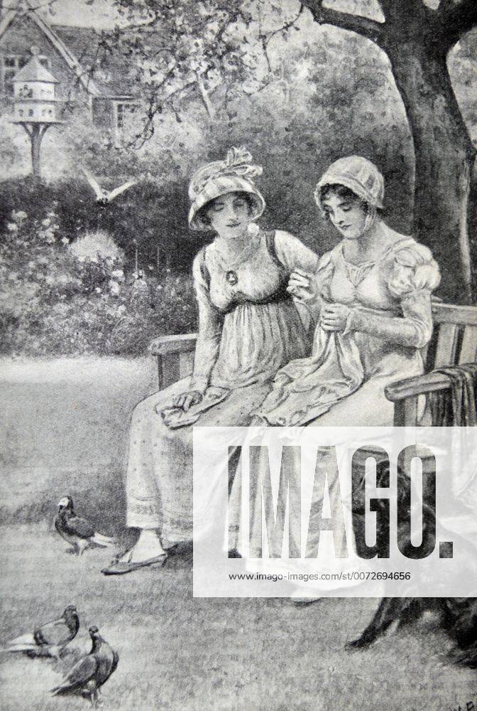 Engraving of Jane Austen and her sister Cassandra doing needlework in the rectory garden. Dated 1810 WHA !ACHTUNG AUFNAHMEDATUM GESCHÄTZT!
