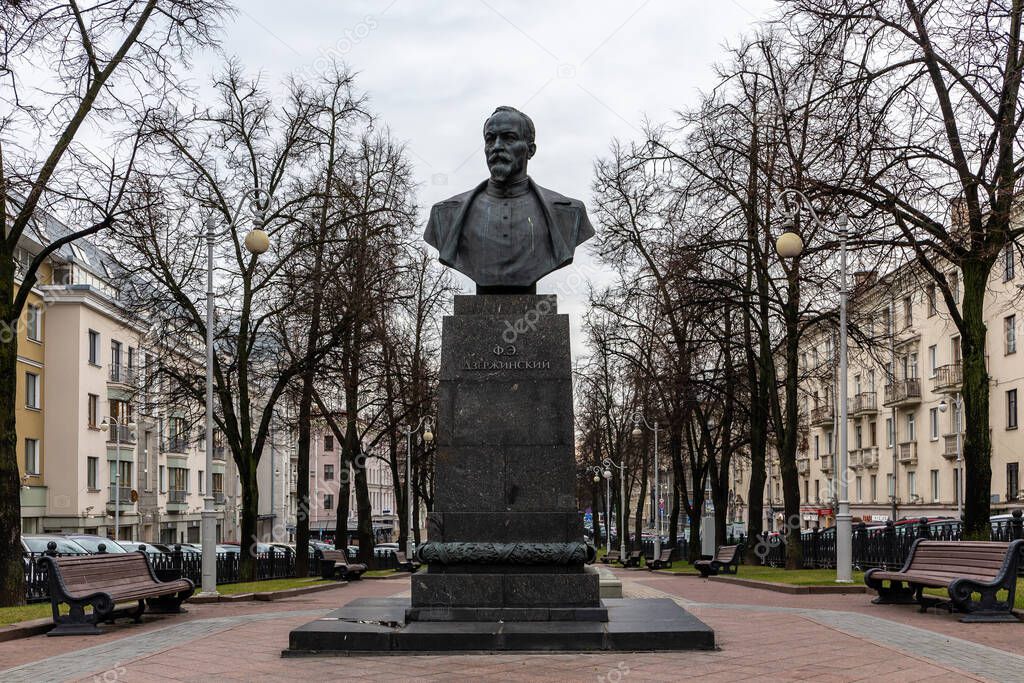 Minsk, Belarus, 04.11.21. Monument to Felix Dzerzhinsky in Minsk, bronze bust of a Bolshevik revolutionary and official.