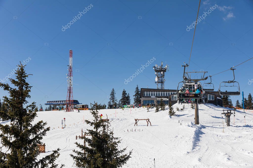 SPINDLERUV MLYN, CZECH REPUBLIC - 9th March 2022: Medvedin, the top station of the cable car. Medvedin in mountain Krkonose, the most popular Czech ski resort Spindleruv Mlyn. Czech Republic