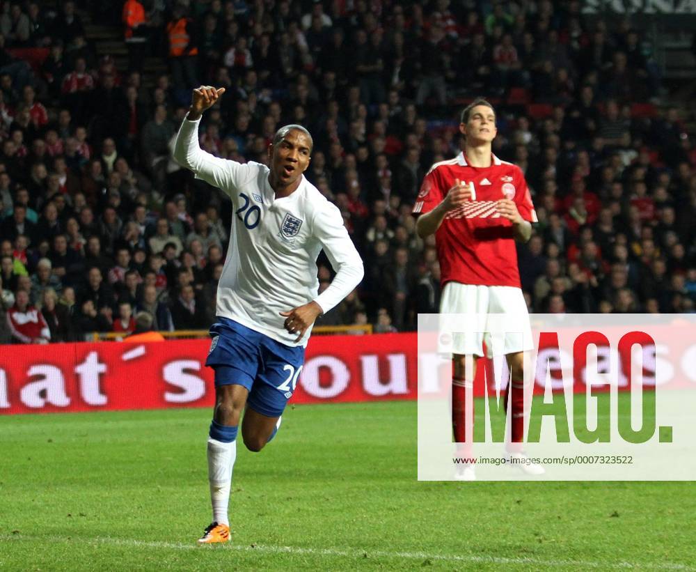 Englands Ashley Young celebrates scoring his sides second goal International Friendly Denmark v England 9th February, 2011 . o0 Jubel, Freude