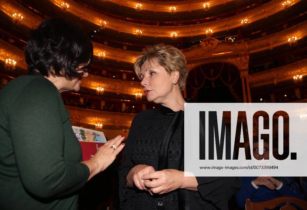 Director of the Moscow Kremlin Museums, Yuri Gagarin s daughter Yelena Gagarina (R) and Tretyakov Gallery director Zelfira Tregulova talk at Moscow s Bolshoi Theatre where a production of Giuseppe Verdi s opera Simon Boccanegra is to be presented by the Teatro alla Scala (Milan s grand opera house) as part of the 2016 Chereshnevy Les Open Art Festival. Artyom Korotayev TASS TS03113C