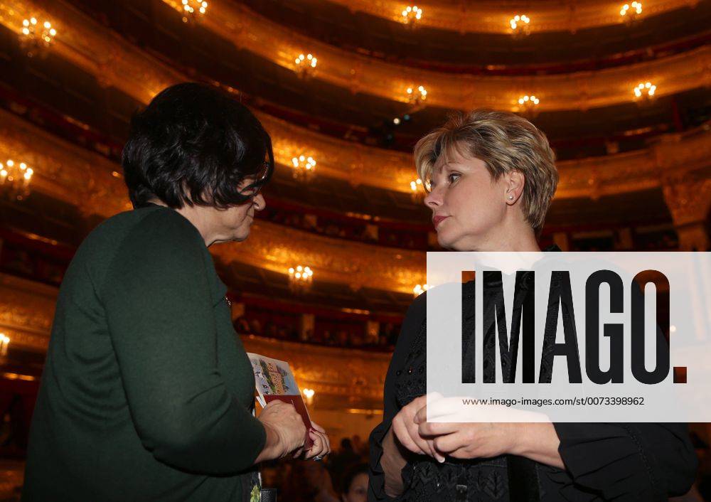 Director of the Moscow Kremlin Museums, Yuri Gagarin s daughter Yelena Gagarina (R) and Tretyakov Gallery director Zelfira Tregulova talk at Moscow s Bolshoi Theatre where a production of Giuseppe Verdi s opera Simon Boccanegra is to be presented by the Teatro alla Scala (Milan s grand opera house) as part of the 2016 Chereshnevy Les Open Art Festival. Artyom Korotayev TASS TS031140