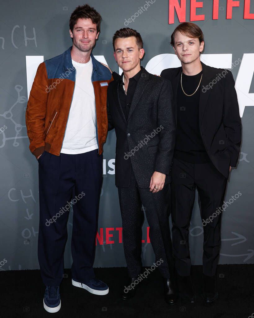 Patrick Schwarzenegger, John Owen Lowe, Matthew Edward Lowe arrive at the Los Angeles Premiere Of Netflix's 'Unstable' Season 1 held at the Netflix Tudum Theater on March 23, 2023 in Hollywood, Los Angeles, California, United States.