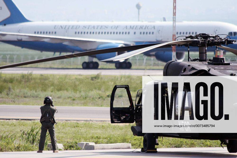 Pristina, Kosovo - United States army Black Hawk escort and Air Force One at the Pristina International Airport. The Vice President gave a speech in Kosovo s Parliament about Kosovo s long hard struggle for independence after World War II. - ZUMAx02_