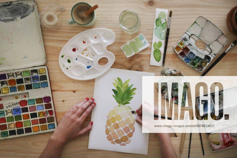 Woman s hand painting aquarelle of a pineapple on desk in her studio model released Symbolfoto property released RTBF00434