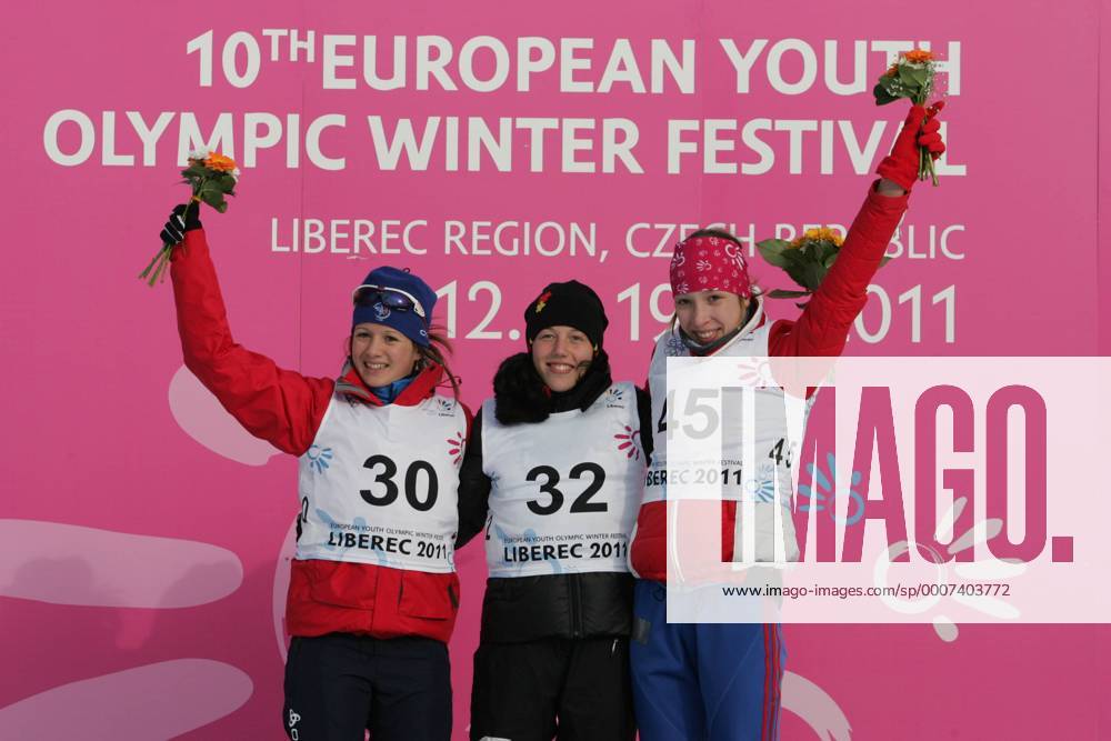 From left: placed second Anais Chevalier of France, first Laura Dahlmeier of Germany and third Uliana Kaysheva or Russia during flower ceremony within EYOWF 2011, in Liberec, Feb. 15, 2011. (CTKxPhoto PavelxKubes) CTKPhoto6201102210001001