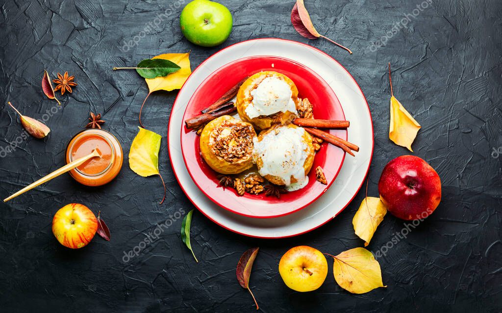 Baked apples stuffed with granola and nuts.Baked apples with nuts