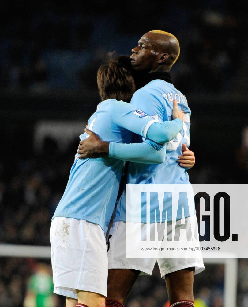 Mario Balotelli (R) of Manchester City celebrates scoring the second goal with David Silva of Manchester City EON FA Cup 5th Round Manchester City (blue) v Aston Villa (black) 2nd March, 2011 .