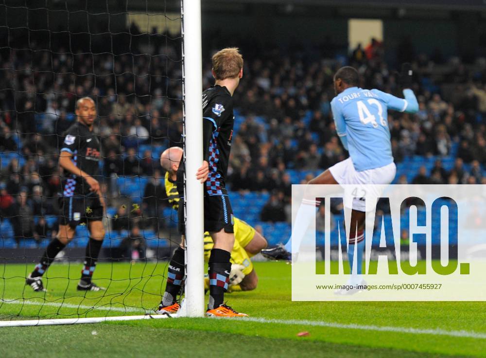 Yaya Toure of Manchester City scores the first goal EON FA Cup 5th Round Manchester City (blue) v Aston Villa (black) 2nd March, 2011 .