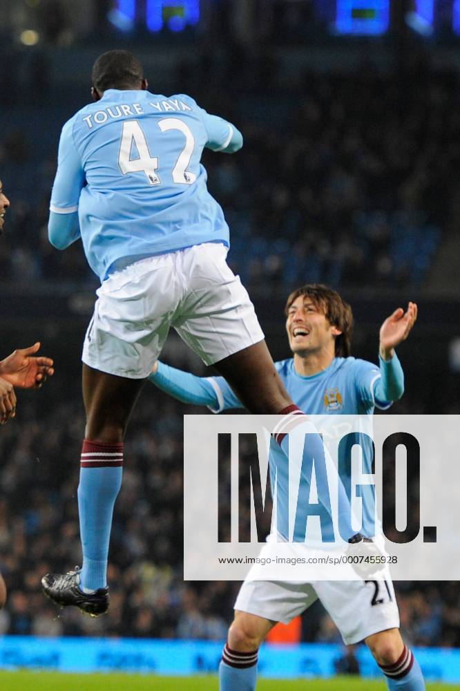 Yaya Toure of Manchester City celebrates scoring the first goal with provider David Silva of Manchester City EON FA Cup 5th Round Manchester City (blue) v Aston Villa (black) 2nd March, 2011 .