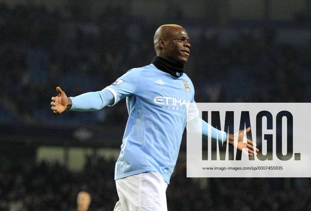 Mario Balotelli of Manchester City celebrates scoring the second goal EON FA Cup 5th Round Manchester City (blue) v Aston Villa (black) 2nd March, 2011 .