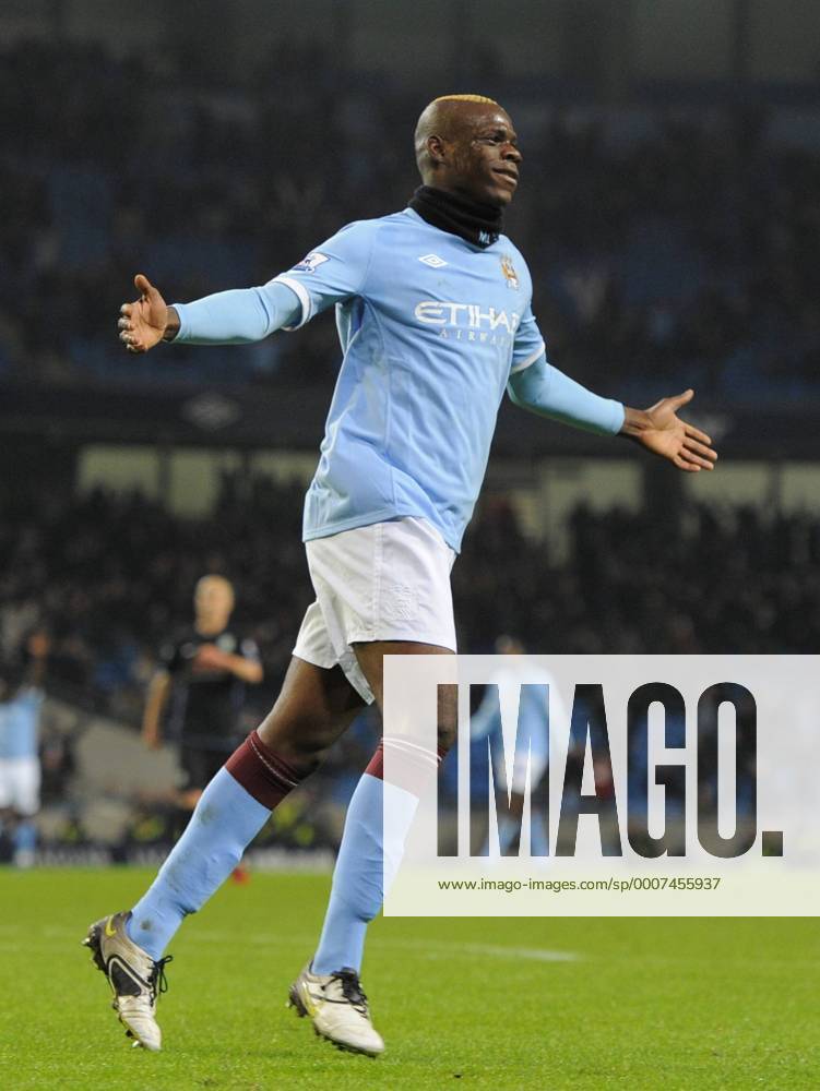 Mario Balotelli of Manchester City celebrates scoring the second goal EON FA Cup 5th Round Manchester City (blue) v Aston Villa (black) 2nd March, 2011 .