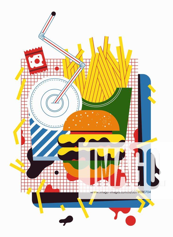 Unordentliches Tablett mit Cheeseburger, Pommes frites, Erfrischungsgetränk und Ketchup JamiexJones 12230042