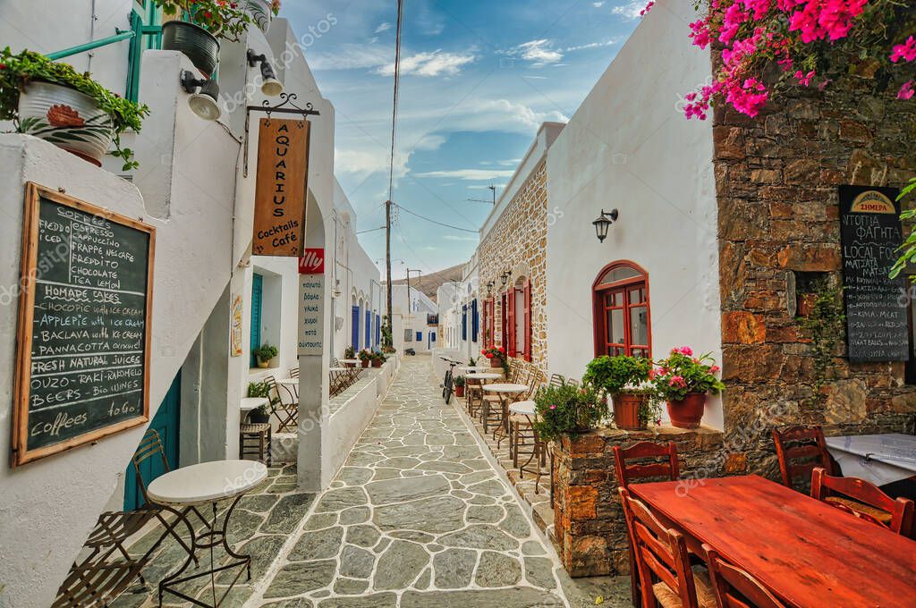 A Beautiful old alley with traditional houses village of Chora in Folegandros island, Cyclades, Greece