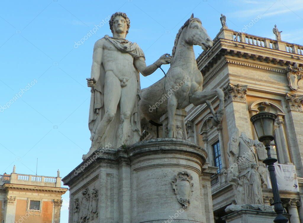 Italy, Rome, Piazza del Campidoglio, Palazzo Senatorio, the statue of Pollux with their horse