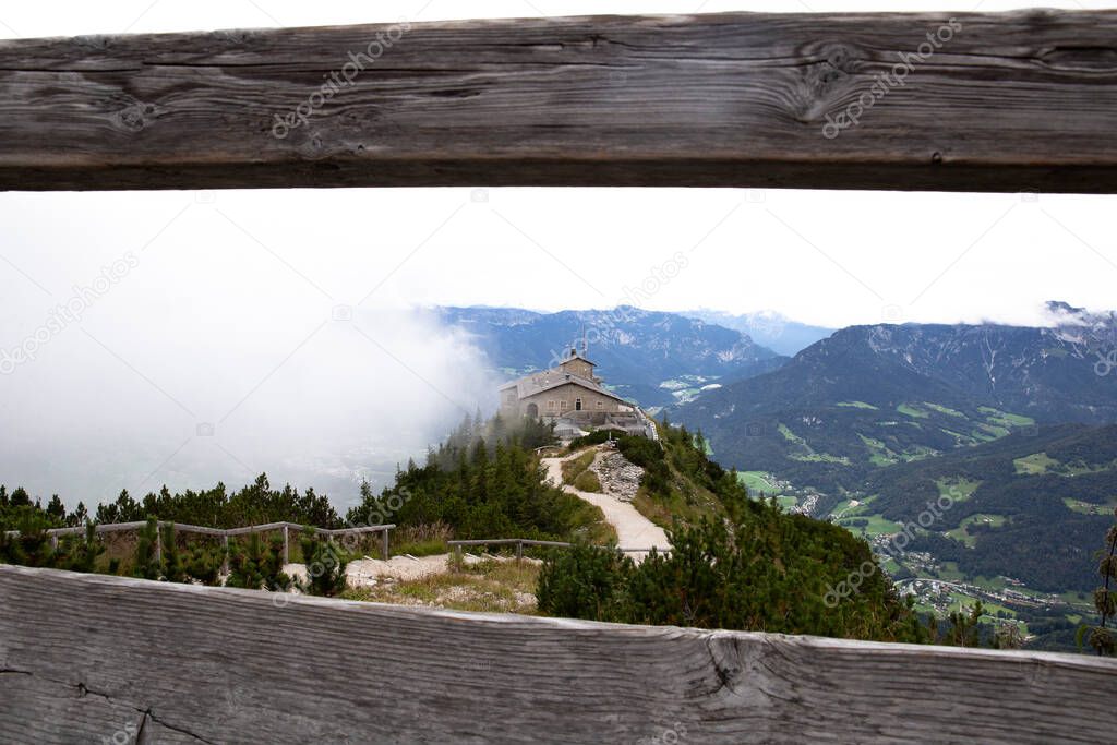 Kehlsteinhaus, Eagle Nest, Berchtesgaden in Germany, history place beautiful landscape on mountain peak with mist, cloudy background beauty