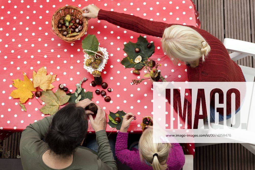 Top view of family tinkering chestnut figurines and autumnal decoration on table at terrace model released Symbolfoto property released MIDF00807