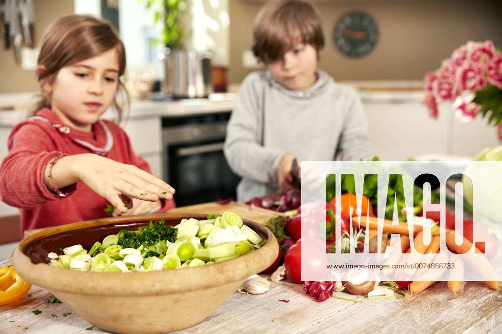 Boy and girl chopping vegetables in the kitchen model released Symbolfoto property released TSFF00131