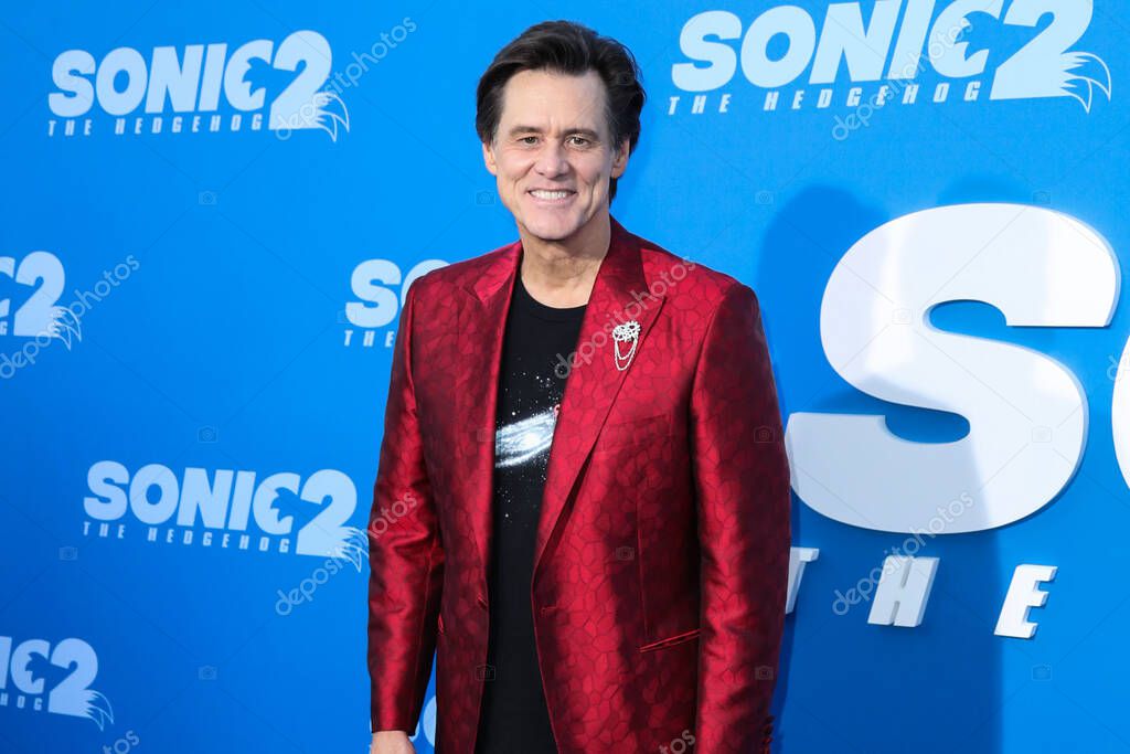 Canadian-American actor Jim Carrey arrives at the Los Angeles Premiere Screening Of 'Sonic The Hedgehog 2' held at the Regency Village Theatre on April 5, 2022 in Westwood, Los Angeles, California, United States.