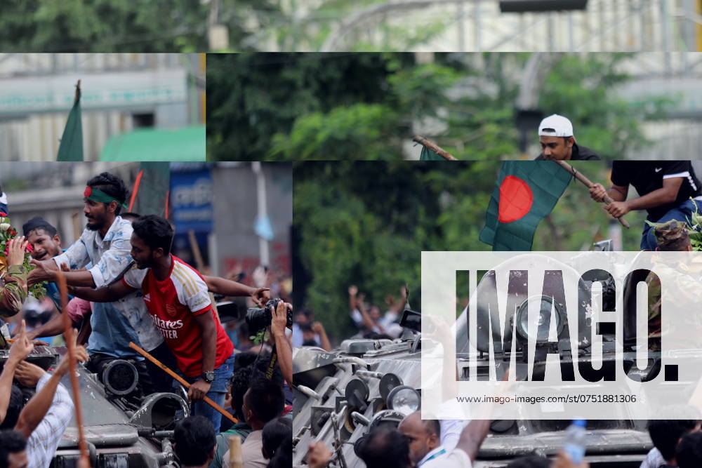 Anti-government protestors celebrate in Shahbag near Dhaka university area in Dhaka on August 5, 2024. Protests in Bangladesh that began as student-led demonstrations against government hiring rules in July culminated on August 5, in the prime minister fleeing and the military announcing it would form an interim government.People gather to celebrate the fall of Bangladesh Prime Minister Sheikh Hasina after an intense clash between police, pro-government forces, and anti-Quota protesters in Dhaka, Bangladesh. Dhaka Bangladesh - ZUMAr336 20240805_zip_r336_058