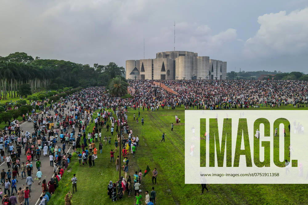 Thousands of People celebrate in Dhaka - 05 Aug 2024 (EDITORS NOTE: Image taken with drone) Thousands of People gather at the parliament house in Dhaka during the celebrations. Thousands of people are celebrating the resignation of Bangladeshi Prime Minister Sheikh Hasina. Protests in Bangladesh that began as student-led demonstrations against government hiring rules in July culminated on August 5, with the Prime Minister fleeing and the military announcing it would form an interim government. Dhaka Bangladesh