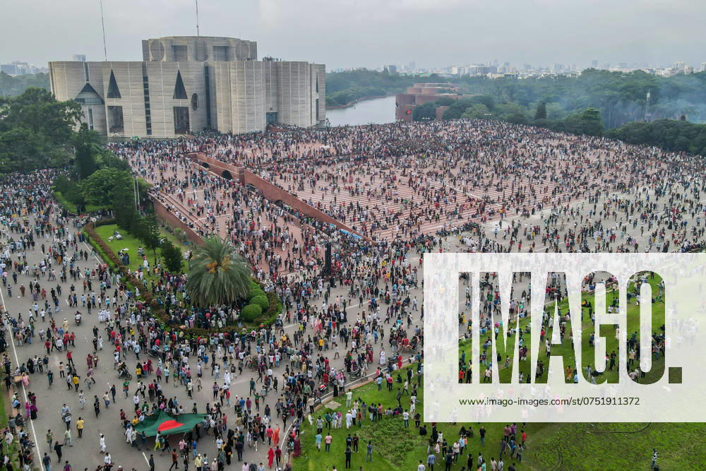 Thousands of People celebrate in Dhaka - 05 Aug 2024 (EDITORS NOTE: Image taken with drone) Thousands of People gather at the parliament house in Dhaka during the celebrations. Thousands of people are celebrating the resignation of Bangladeshi Prime Minister Sheikh Hasina. Protests in Bangladesh that began as student-led demonstrations against government hiring rules in July culminated on August 5, with the Prime Minister fleeing and the military announcing it would form an interim government. Dhaka Bangladesh