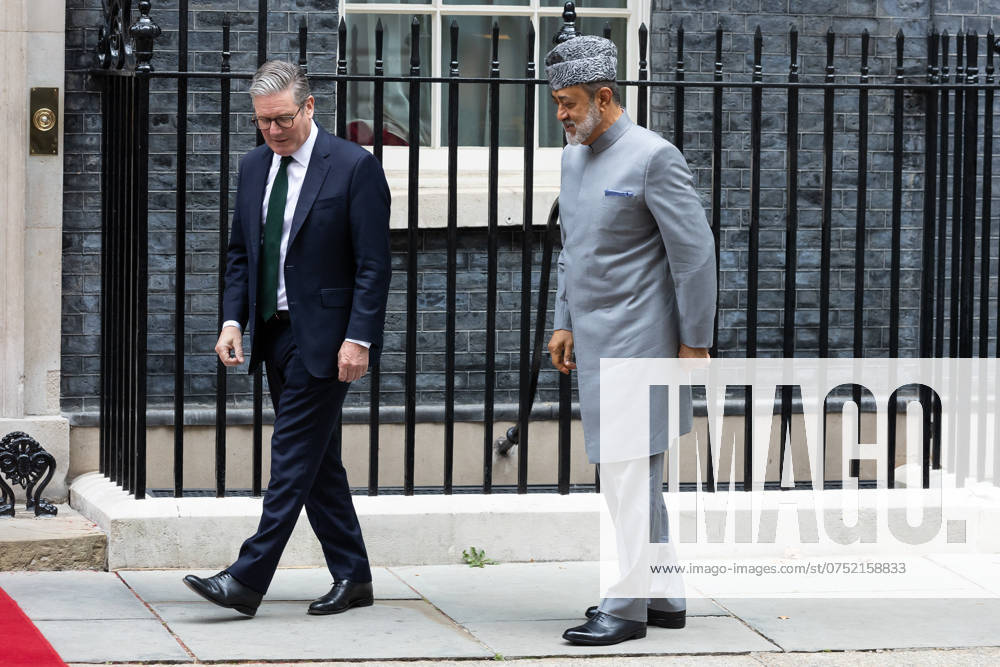 Sultan of Oman Visits Downing Street, London - 06 Aug 2024 British Prime Minister Keir Starmer walks with the Sultan of Oman Haitham Bin Tariq Al Said outside 10 Downing Street. London United Kingdom