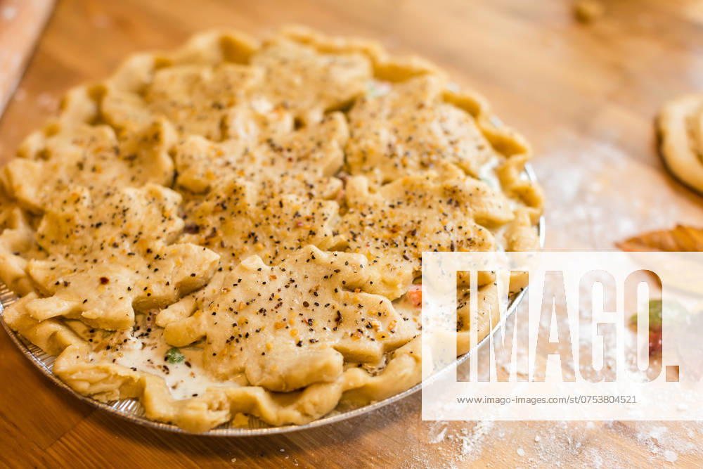 IMAGO Creative, Food, Pot Pie Close up of handmade chicken pot pie with fall leaves Coeur d Alene, Idaho, United States R_PXQG240811C6-1508220-01