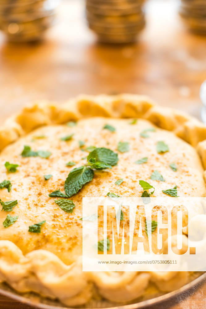 IMAGO Creative, Food, Pot Pie Handmade pie with mint on top Coeur d Alene, Idaho, United States R_PXQG240811C6-1508263-01
